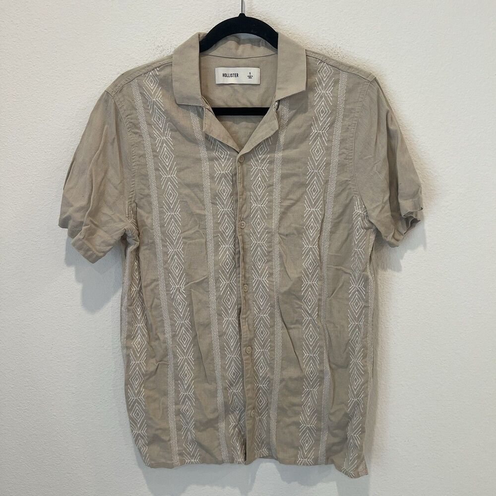 Hollister Shirt Mens S Tan Casual Button Down Camp Boho Party Embroidered Summer